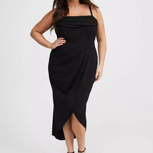 torrid Dresses & Skirts - Torrid Black Tulip Hem Bustier Midi Dress Crepe Size 16 Draped Neckline NWT